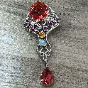Nicky Butler Sterling Silver Watermelon Quartz, Garnet. Topaz Multi Gem Pendant